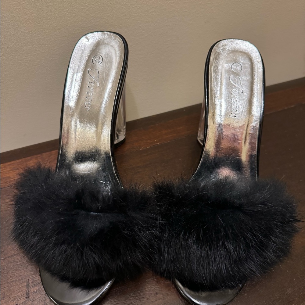 Black Furry Shoes with Lucite Heels